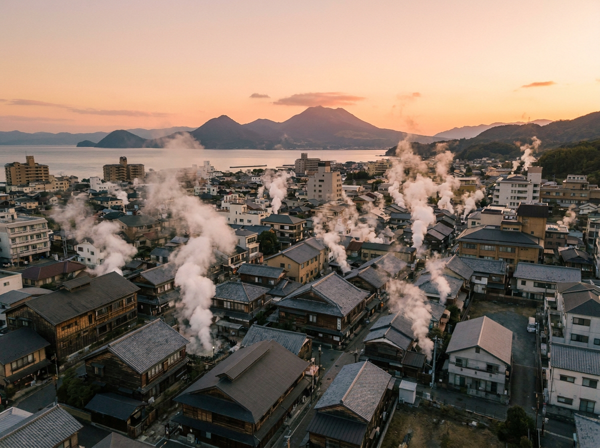 別府温泉の湯けむり — Day 7の宿泊地